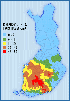 Cesium-137-laskeuma Suomessa vuonna 1987. Cesium-137:n puoliintumisaika on 30 vuotta, joten nyt radioaktiivisuus on puolet kartassa esitetystä.