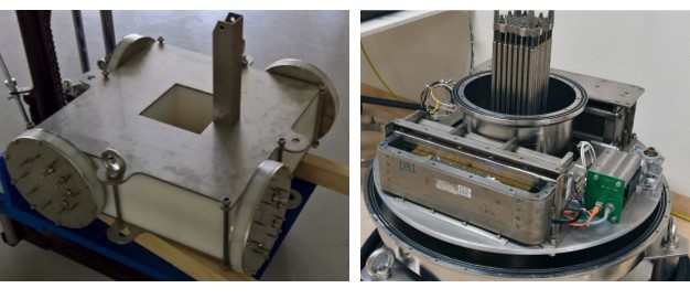 Käytetyn ydinpolttoaineen kuvantamiseen käytettävät mittalaitteet. Neutronimonistumista mittaava PNAR-laite vasemmalla ja polttoaineen gammasäteilyä tomografisesti eli viipalekuvauksen keinoin mittaava PGET-laite oikealla. Polttoainenippu asetetaan molemmissa laitteissa keskellä olevaan aukkoon mittauksen ajaksi. Kuvien oikeudet: STUK ja Dean Calma/IAEA.