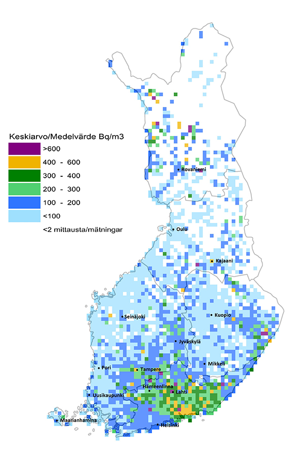 Finlands radonkarta. Genomsnittliga radonkoncentrationer på kvadrater som är tio gånger tio kvadratkilometer.