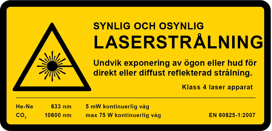 Exempel på kombinationsskyltar med varningssymbolen för laserstrålning och förklarande text enligt säkerhetsklassen.