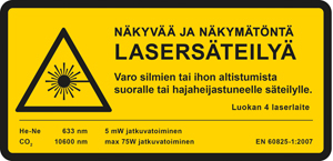 Esimerkki yhdistelmämerkistä, jossa on lasersäteilyn varoitusmerkki ja turvallisuusluokan mukainen varoitusteksti