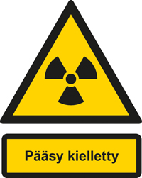 Esimerkki radioaktiivisen aineen tai ionisoivan säteilyn varoitusmerkin yhteydessä käytettävästä lisämerkistä