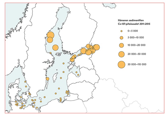 Image of the magnitude of Cs-137 activity of bottom sediments in the Baltic Sea region in 2011–2015. The highest concentrations have been detected in the eastern parts of the Gulf of Finland and the Bothnian Sea.