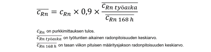 Työnaikaisen radonpitoisuuden vuosikeskiarvon laskennan yhtälö.